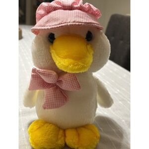 Adorable Duck Stuffed Plush Pink Gingham Bonnet And Bow Easter Spring NWOT